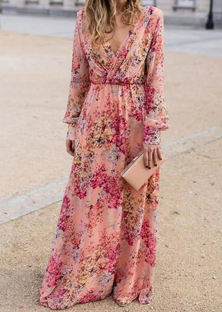Pink V Neck Print Cotton Long Dress Fall
