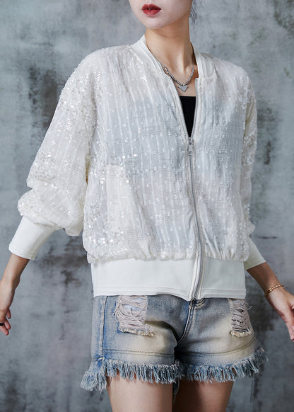 Beige Sequins Pockets Cotton Jackets Summer