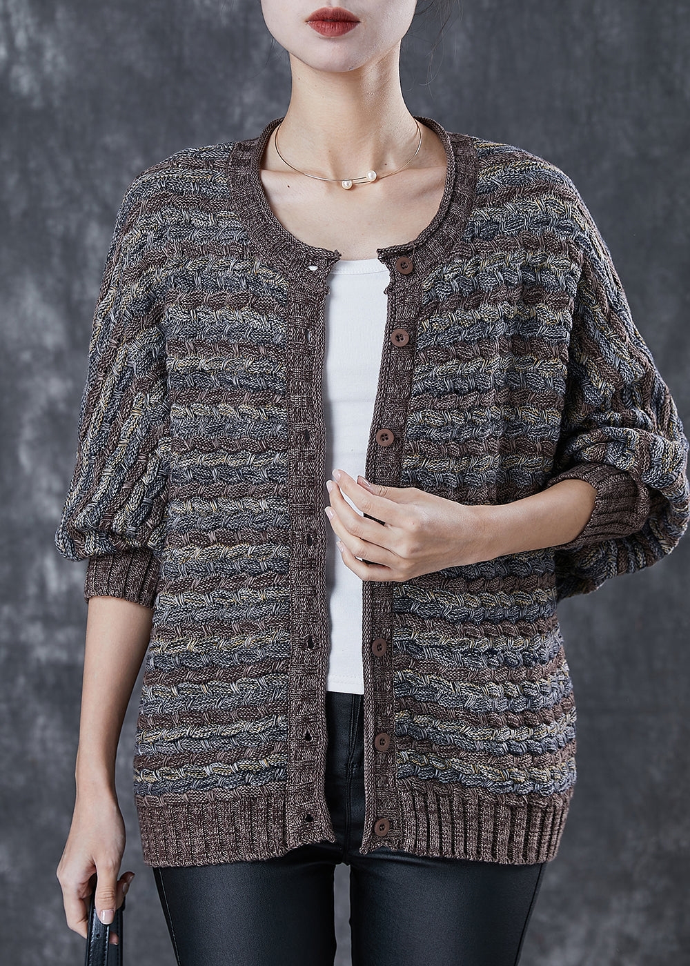 Coffee Striped Knit Cardigans Oversized O-neck Spring