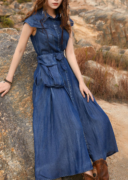 Navy Peter Pan Collar Patchwork Pockets Long Denim Dress Short Sleeve