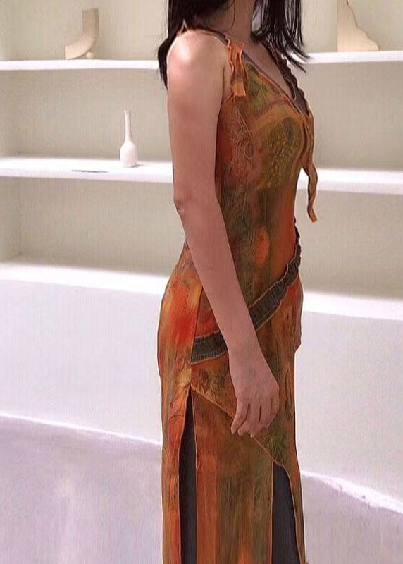 V Neck Asymmetrical Print Tulle Patchwork Long Spaghetti Strap Dress Summer