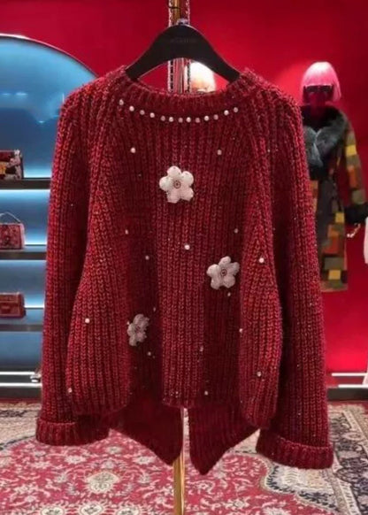 Stylish Red O-neck Nail Bead Thick Cotton Knit Sweater Tops Winter