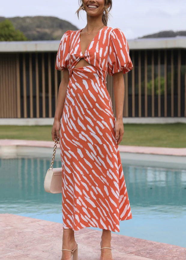 Fine Orange V Neck Puff Sleeve Print Cotton Vacation Dresses