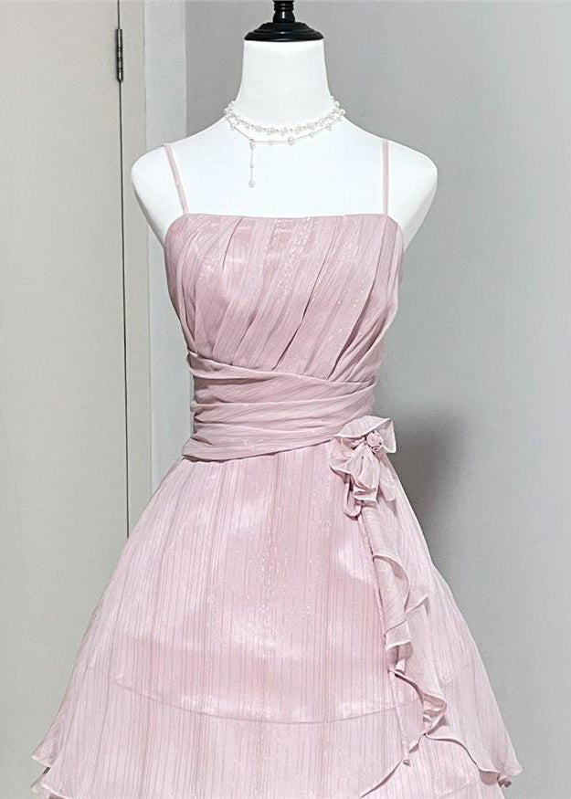 Pink Wrinkled High Waist Silk Spaghetti Strap Dress Sleeveless