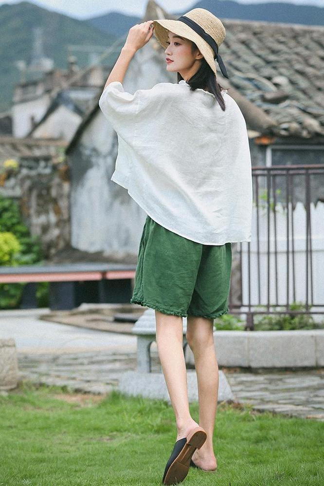 Loose Green and Yellow Linen Shorts Summer Trousers