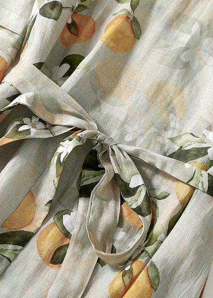 Light Green V Neck Print Lace Up Linen Long Dresses Summer
