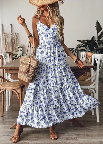 Blue Print Bow Cotton Spaghetti Strap Dress Summer