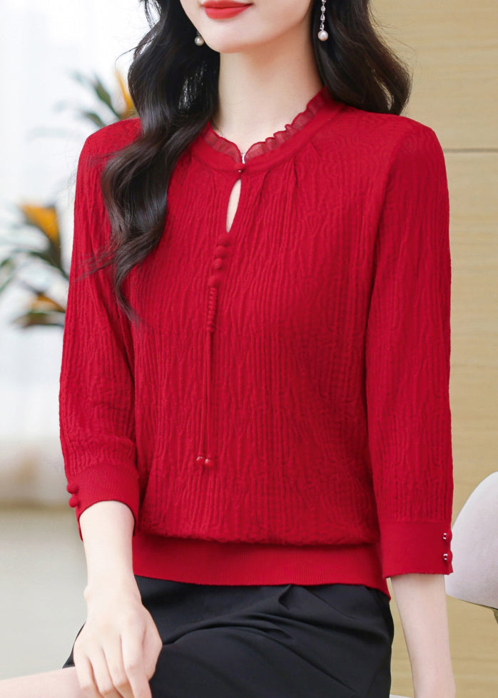 Simple Green O-neck Button Knit T Shirt Bracelet Sleeve