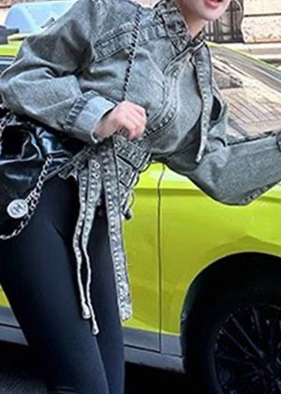 Blue Stand Collar Asymmetrical Patchwork Denim Coat Spring