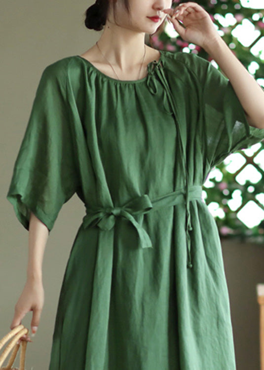 Green Tie Waist Long Dress Half Sleeve