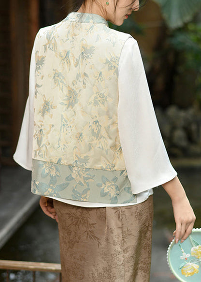 Green Tasseled Jacquard Oriental Button Silk Vest Spring
