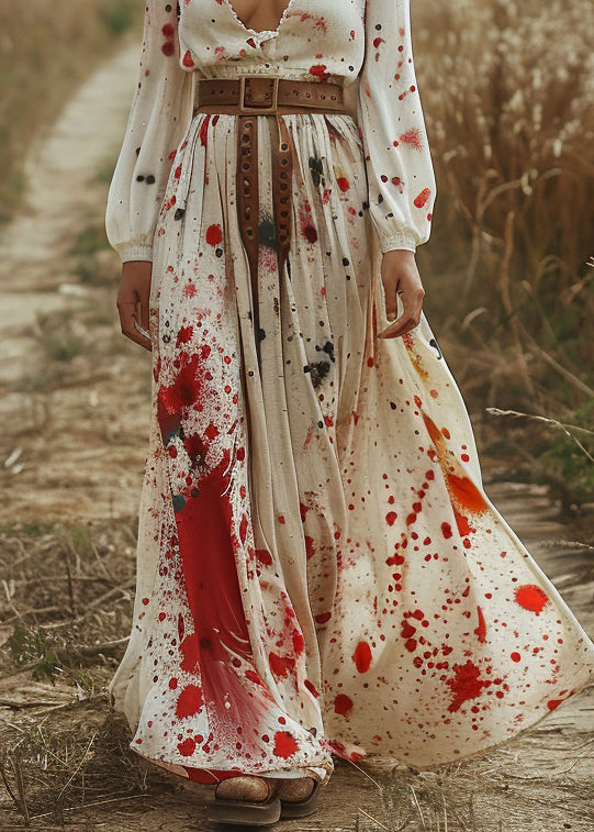 Beige V Neck Print Cotton Long Dress Spring