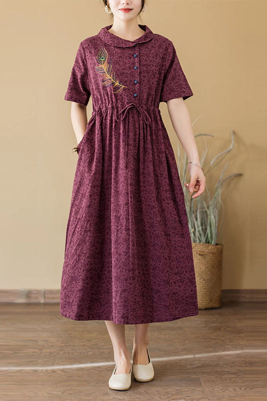 New Retro Jacquard Embroidered Dress Short Sleeve Cotton Linen Dress