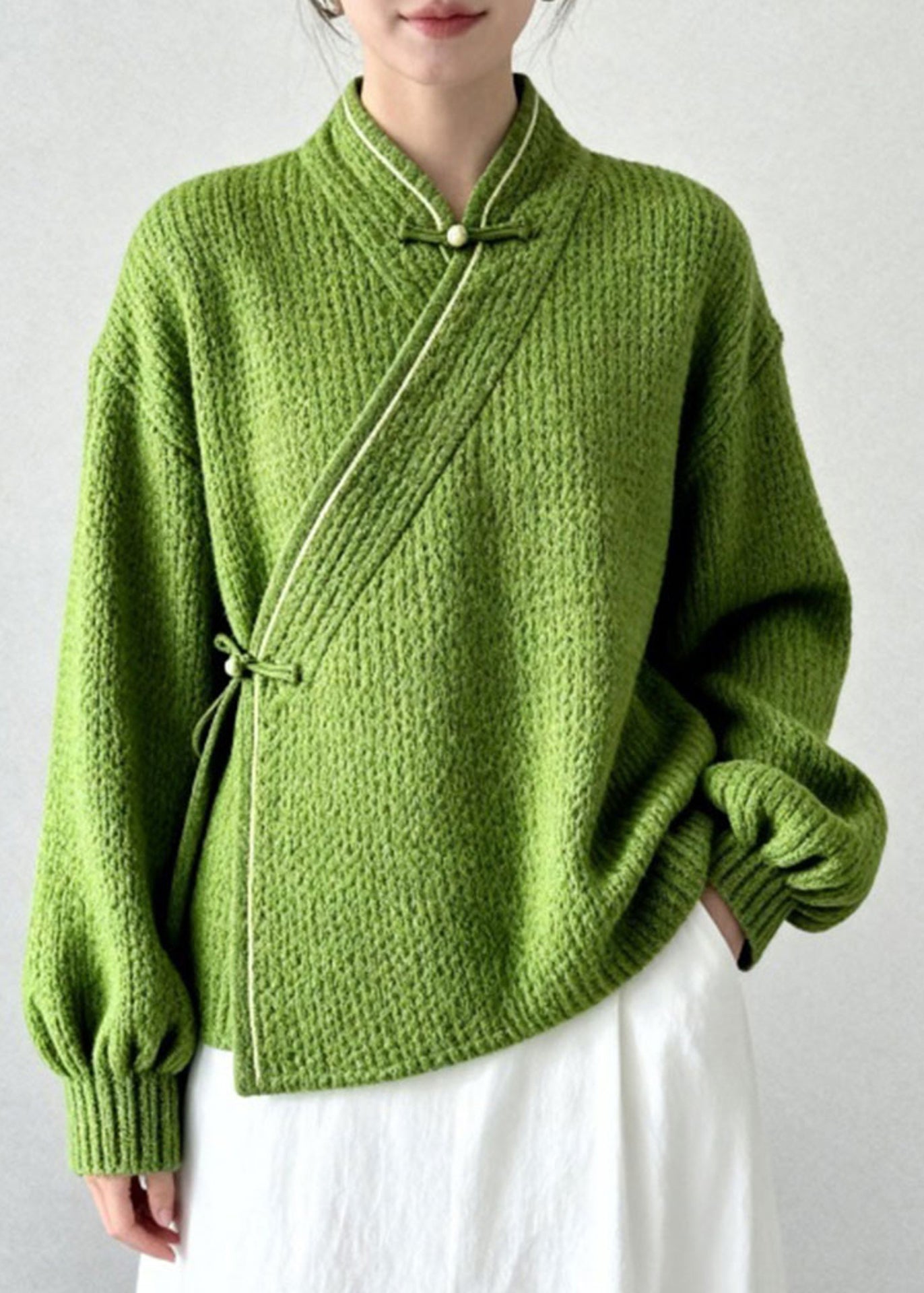 Grass Green Thick Knit Oriental Sweater Tops Winter