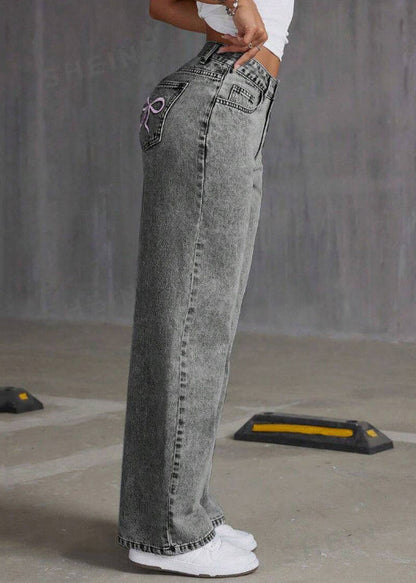 Grey Embroidered Pockets Denim Pants Summer