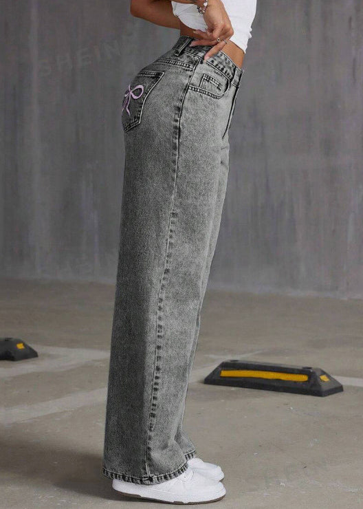 Grey Embroidered Pockets Denim Pants Summer