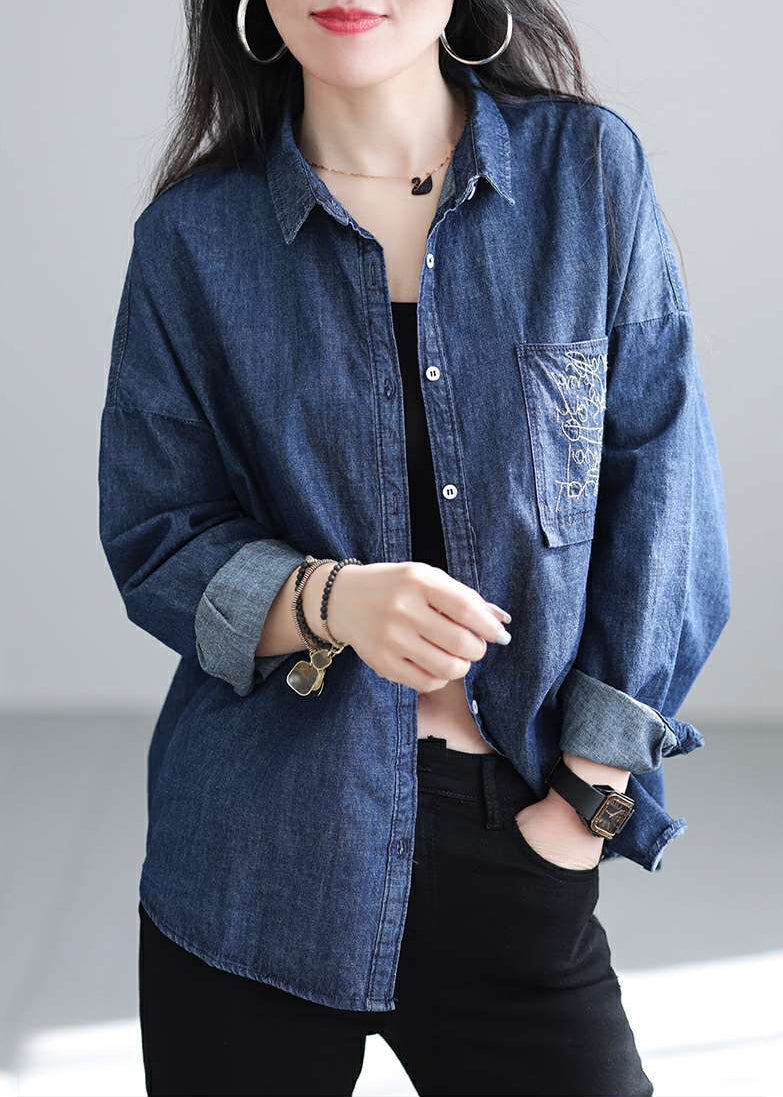 Navy Embroidered Denim Shirt Spring