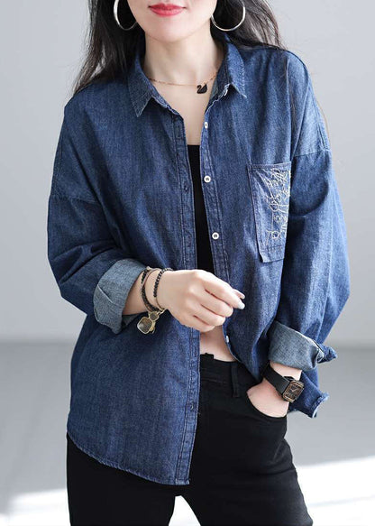 Navy Embroidered Denim Shirt Spring