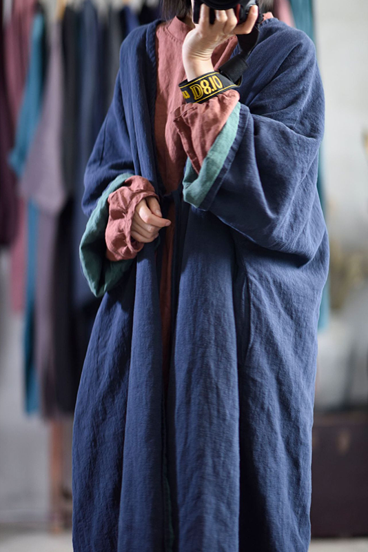 -fall Retro Cotton Linen Robe Blue Coat