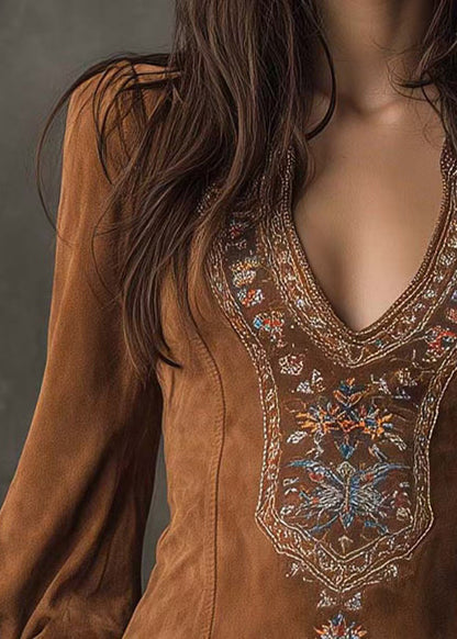Brown Embroidered Faux Suede Mid Dress Spring