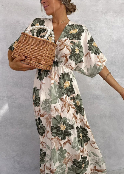 Green V Neck Print Cotton Maxi Dresses Butterfly Sleeve