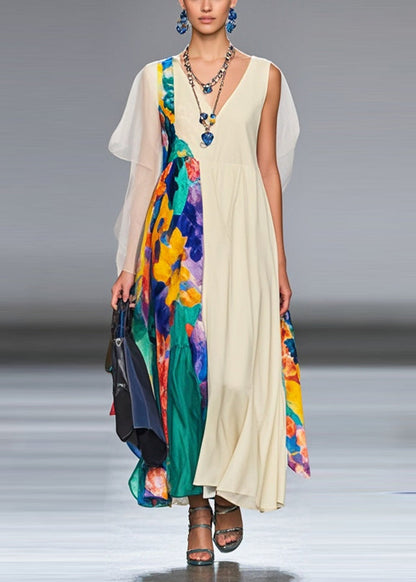White Asymmetrical Patchwork Chiffon Long Dress Summer