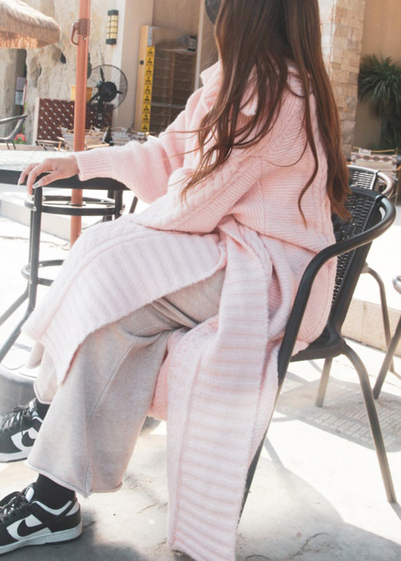 Pink Peter Pan Collar Long Wool Knit Cardigan Winter