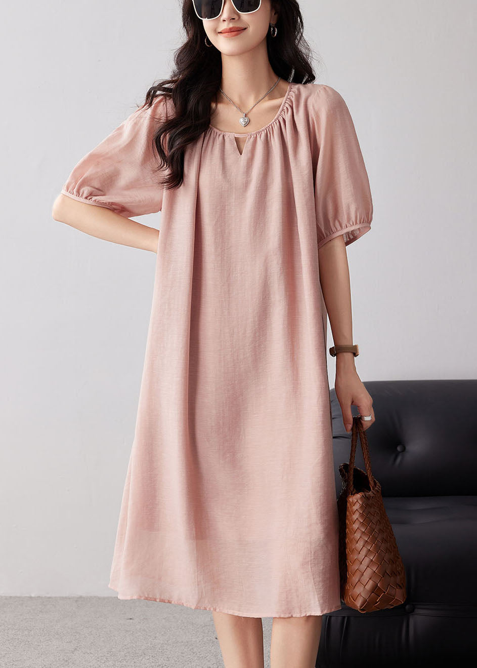 Pink O-neck Hollow Out Cotton Dresses Summer