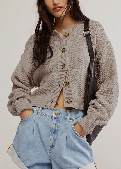 Style Grey O Neck Button Knit Loose Cardigans Fall
