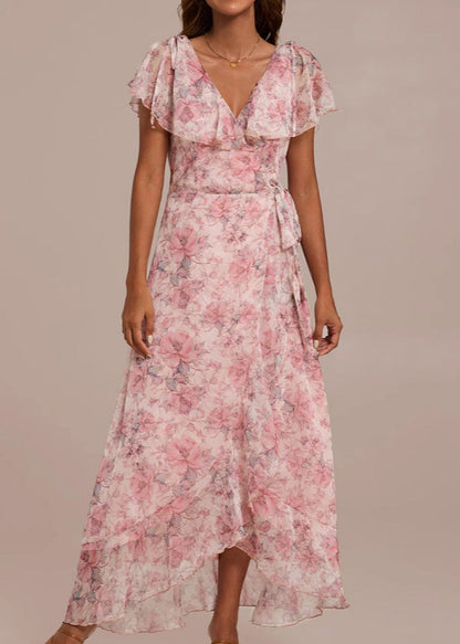 Pink V Neck Print Lace Up Chiffon Long Dresses Summer