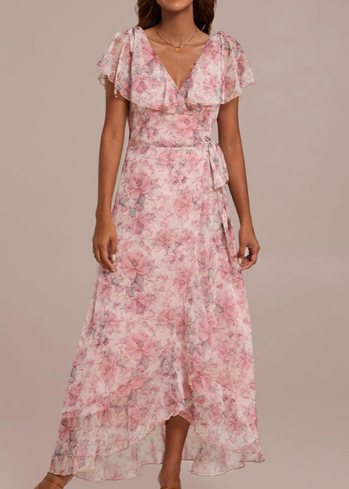 Pink V Neck Print Lace Up Chiffon Long Dresses Summer