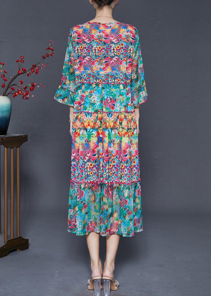 Green Print Chiffon Tea Dresses Bracelet Sleeve