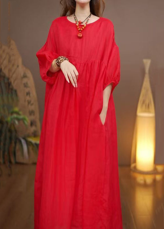 Loose Red Pockets Cotton Long Dress Bracelet Sleeve