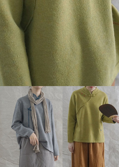 Style Yellow Retro Embroidered Fall Knit Tops