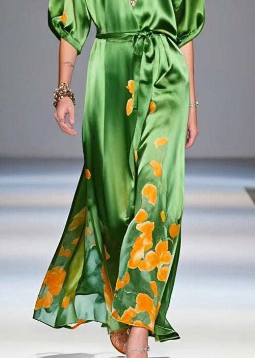 Tea Green Cinched Print Silk Party Dress Summer