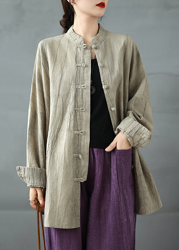 Khaki Oriental Button Cotton Shirt Top Spring