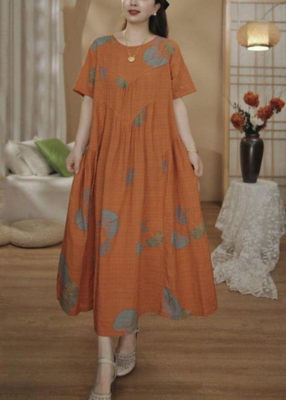Unique Orange Oversized Print Cotton Maxi Dresses Summer