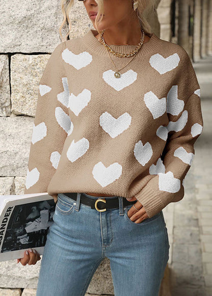 Diy Pink O Neck Thick Heart Jacquard Knit Pullover Fall