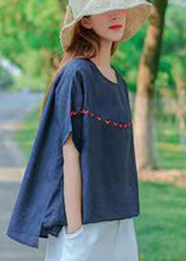 Navy O-neck Embroidered Cotton Tank Tops Short Sleeve