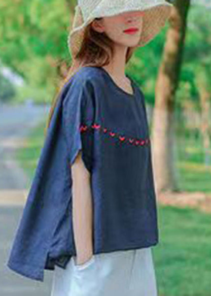 Navy O-neck Embroidered Cotton Tank Tops Short Sleeve