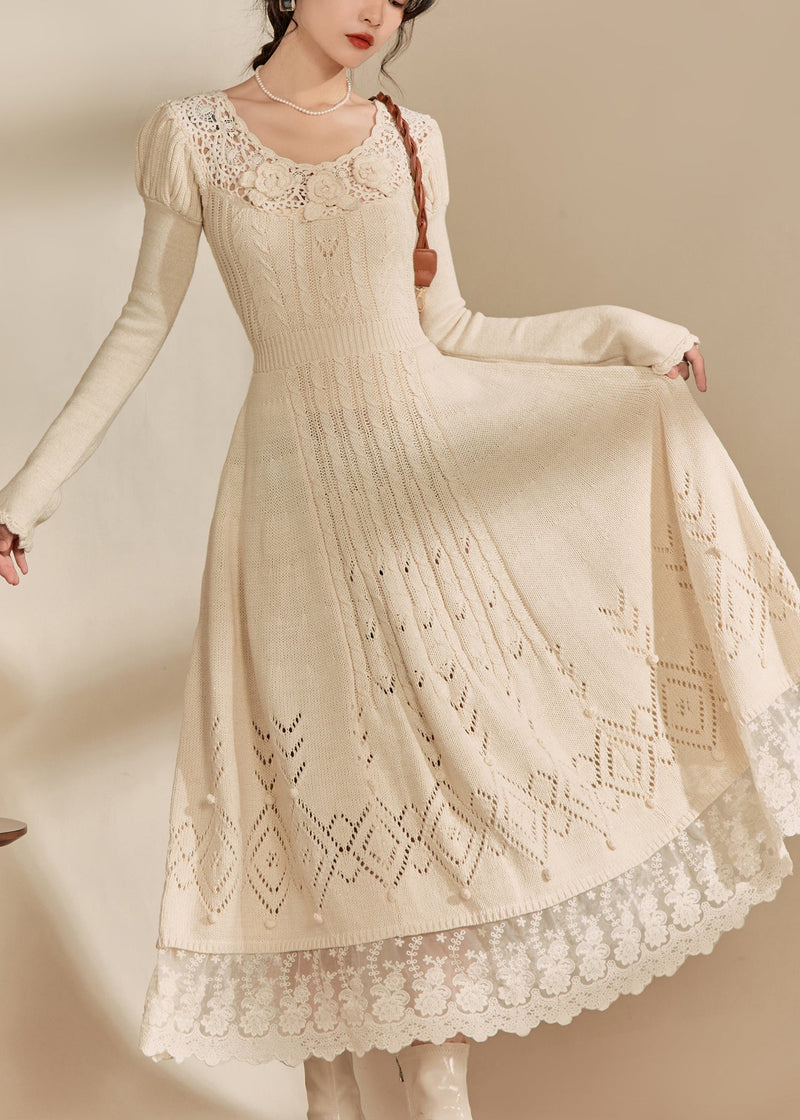 Art Apricot O-neck Patchwork Hollow Out Cotton Knit Maxi Dress Fall