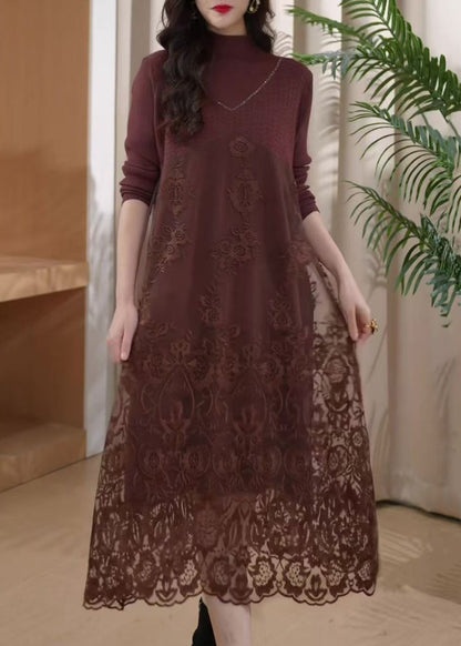 Coffee Embroidered Patchwork Knit Long Dress Winter