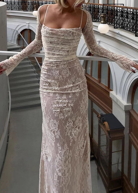 New White Long Sleeved Cape Lace Spaghetti Strap Dress Set