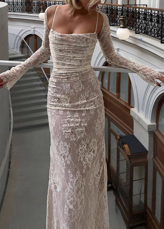 New White Long Sleeved Cape Lace Spaghetti Strap Dress Set