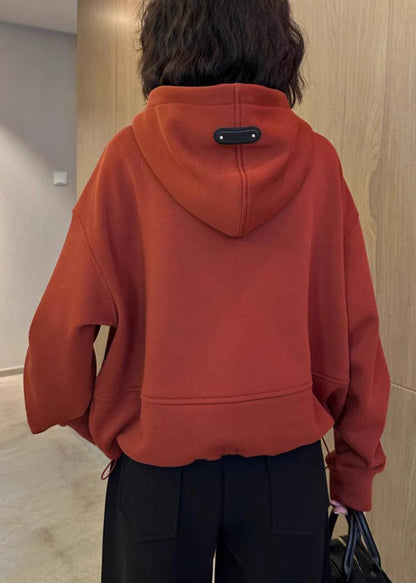 Loose Red Hooded Zippered Pockets Cotton Sweatshirt Spring