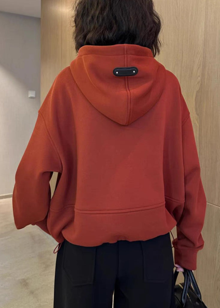 Loose Red Hooded Zippered Pockets Cotton Sweatshirt Spring