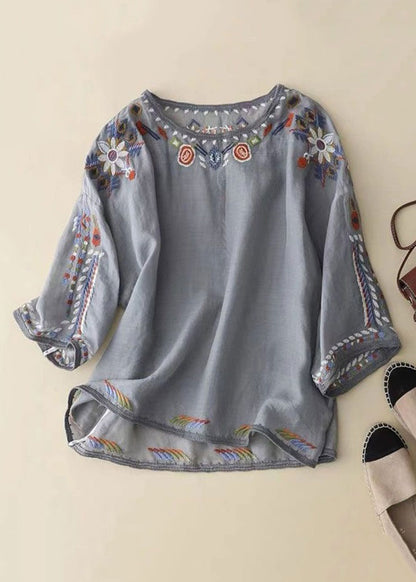 Loose White O-neck Embroidered Linen T Shirt Half Sleeve