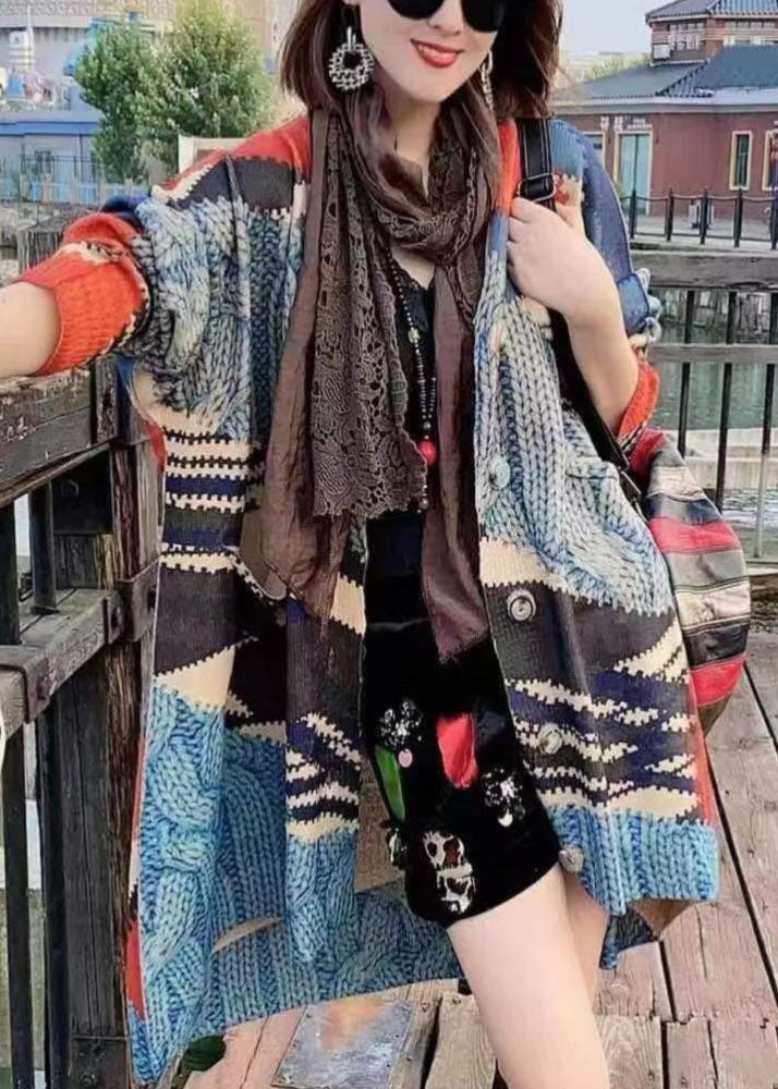 Color Block Loose Button Fall Knit Sweater Cardigan