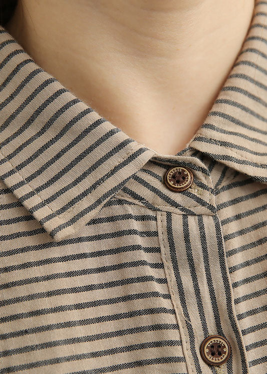Grey Peter Pan Collar Button Striped Shirts Spring