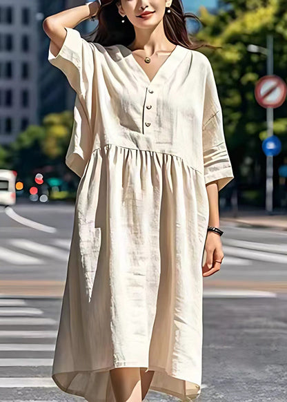 Beige V Neck Wrinkled Patchwork Linen Dresses Summer